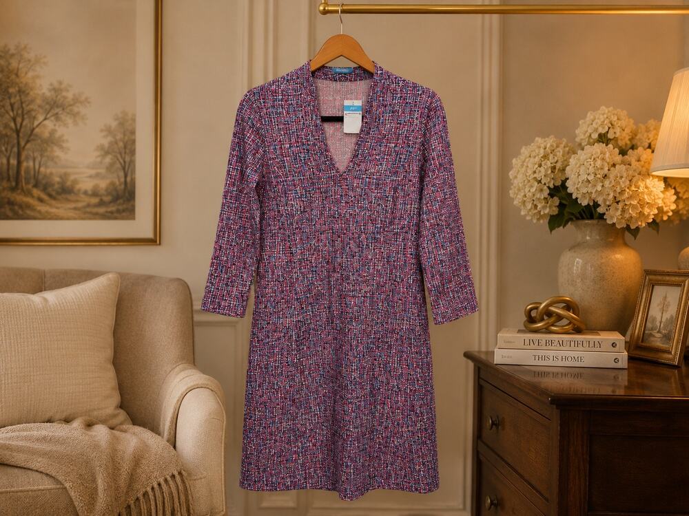 J McLaughlin Ivana Dress XS NWT Navy Red Blue Grid Print 3/4 Sleeve Shift Dress